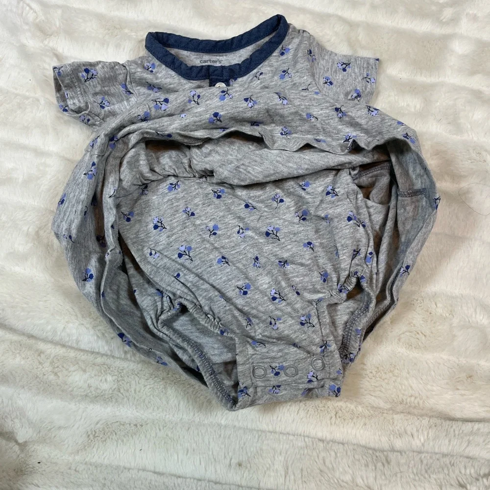 Carters 3M Baby Girl Grey Blue Preppy Floral Skirted Bodysuit Onesie Summer
